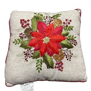 Decorative 16" Embroidered Christmas Throw Pillow Poinsettia Pinecone Design